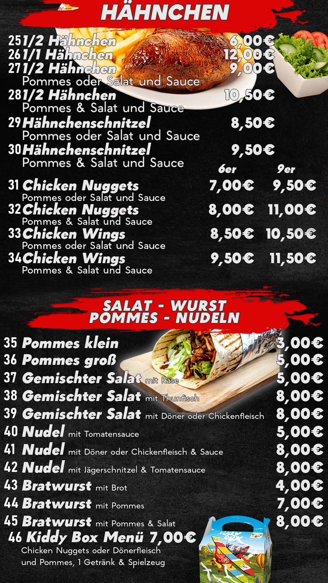 Grillhähnchen, Bratwurst, Pommes, Nudeln, Salat